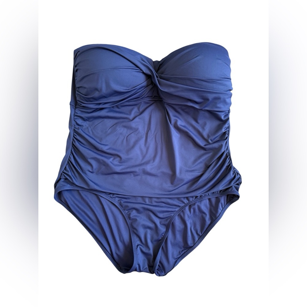 Anne Cole Swimsuit One Piece Twist  Shirred Bandeau Navy Strapless‎ Sz 22W